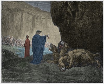 Inferno, Canto 6: Virgil feeds Cerberus in the third circle (illustration from The Divine Comedy) by Gustave after Dore